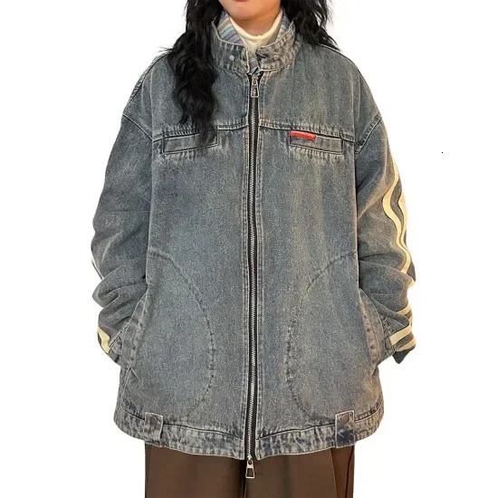 light blue denim long sleeved jacket mens Harajuku zipper jacket autumn winter top Y2K Gothic clothing jacket 241115