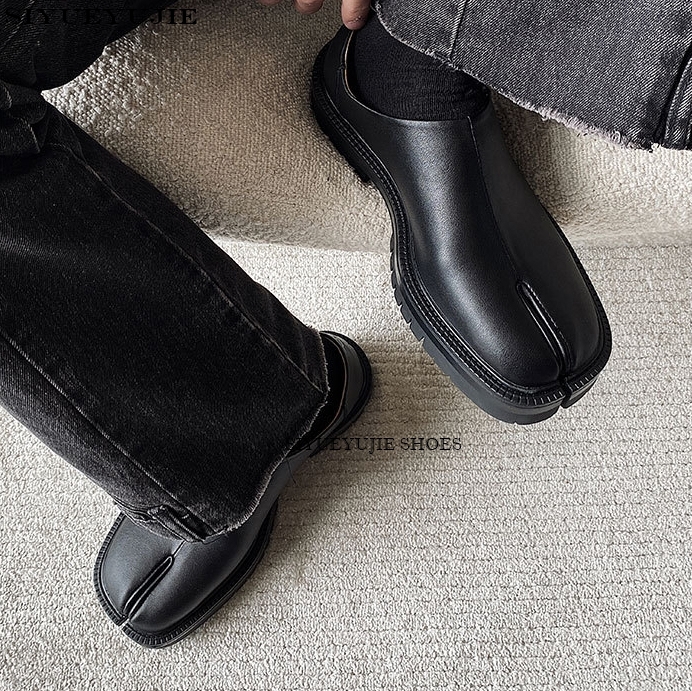 Split Toe Tabi Loafers Men's Single Platfrom Women Leather Soft Soles Solid Color Flats Casual Men Shoes