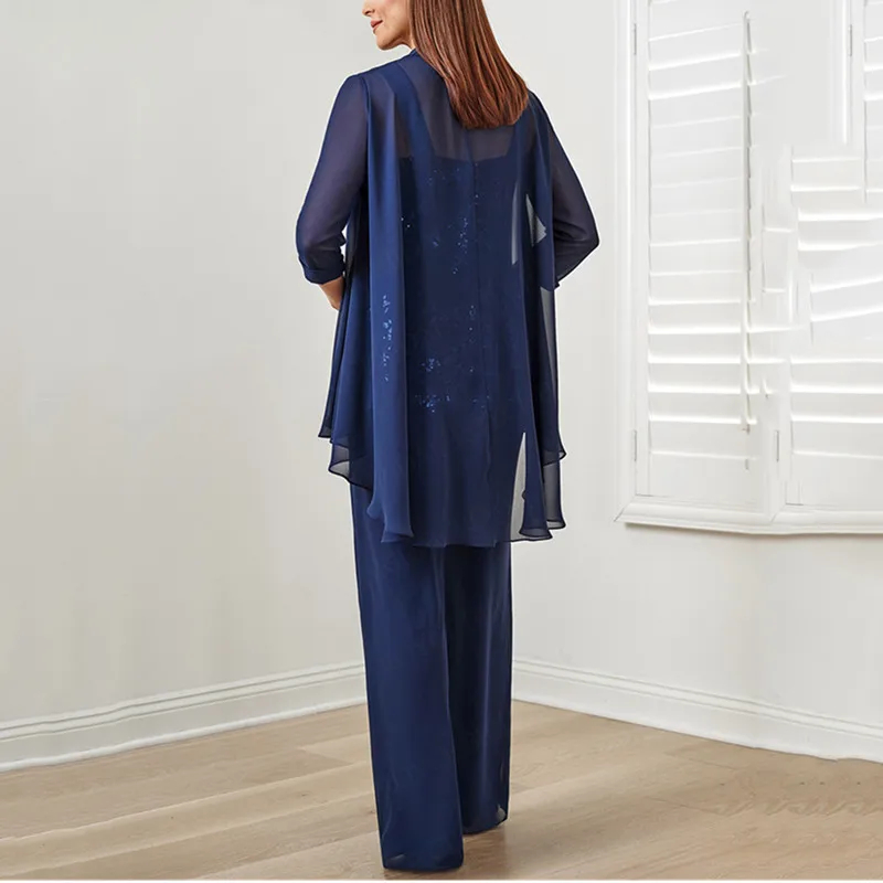 Dark Navy Chiffon Mother Of The Bride Pants Suits With Long Jacket Sequins Lace Appliques Three Pieces Wedding Guest Gown 2024 Elegant Plus Size Prom 