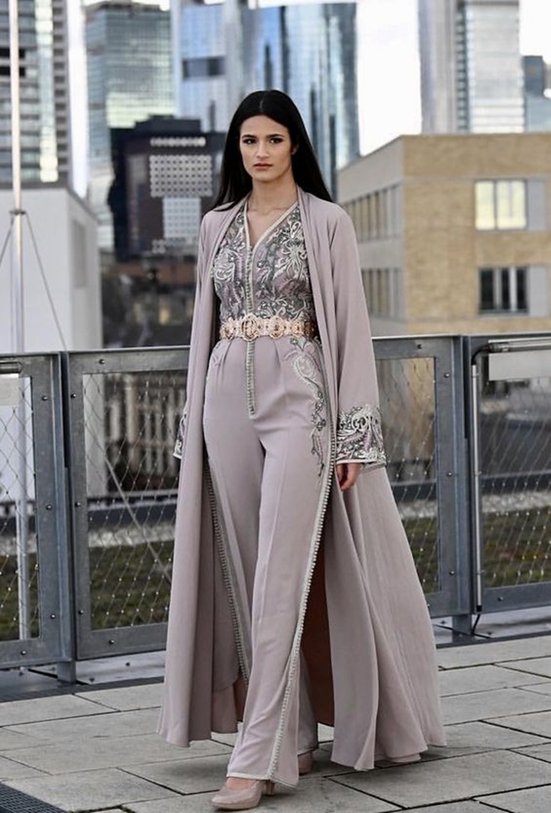 Elegant Moroccan Kaftan Jumpsuits Evening Dresses With Long Sleeves Jacket Lace Appliques Arabic Silver Women Costume Formal Party Gowns 2024 Prom Pan