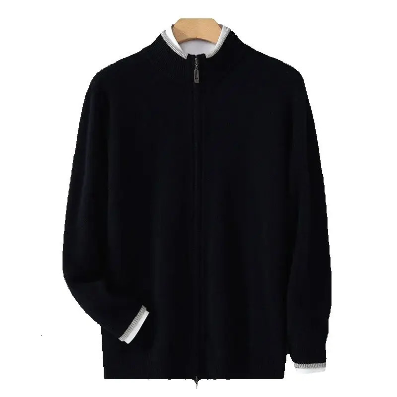 Winter Cashmere Cardigan Mens Stand up Collar Knitted Long Sleeve Sweater Loose Casual Zipper Thickened High end Wool Coat 241115