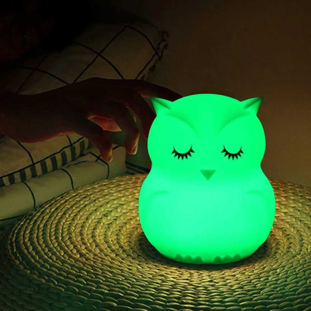 Lamps Shades Touch sensor RGB LED owl night lamp table lamp battery powered bedroom silicone bird night lamp childrens gift Q240416