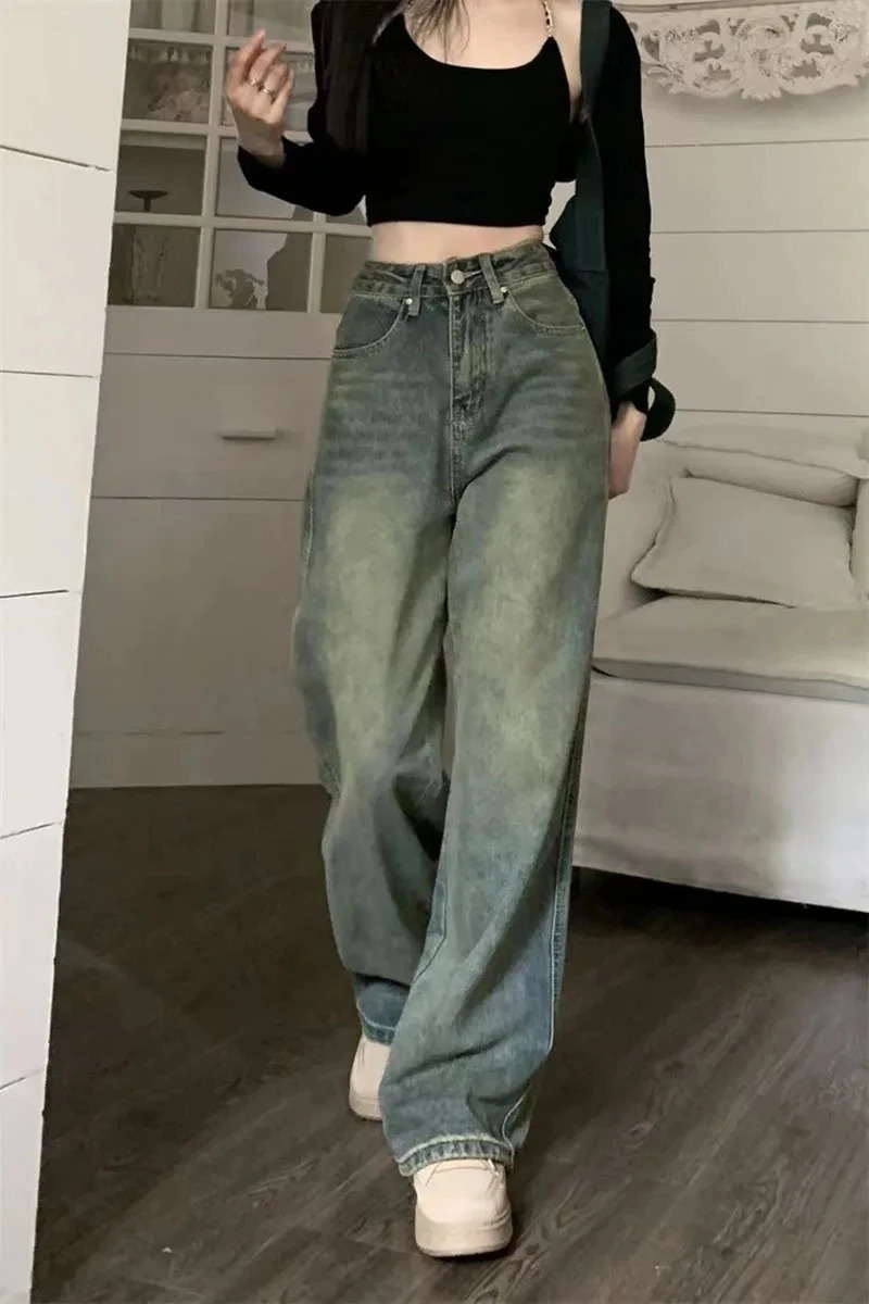 Y2K Baggy Casual Wide Leg Jean Streetwear AllMatch Washed Denim Trousers Female Vintage 90S High Waist Straight Pants 241108
