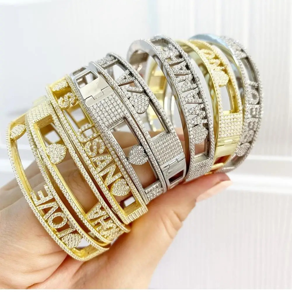 Custom Personalized Name Bangle Letters Heart Evil Eyes Charm Bracelet Ice Out Pave 5A Shiny Cz for Woman Jewelry Gift 240416