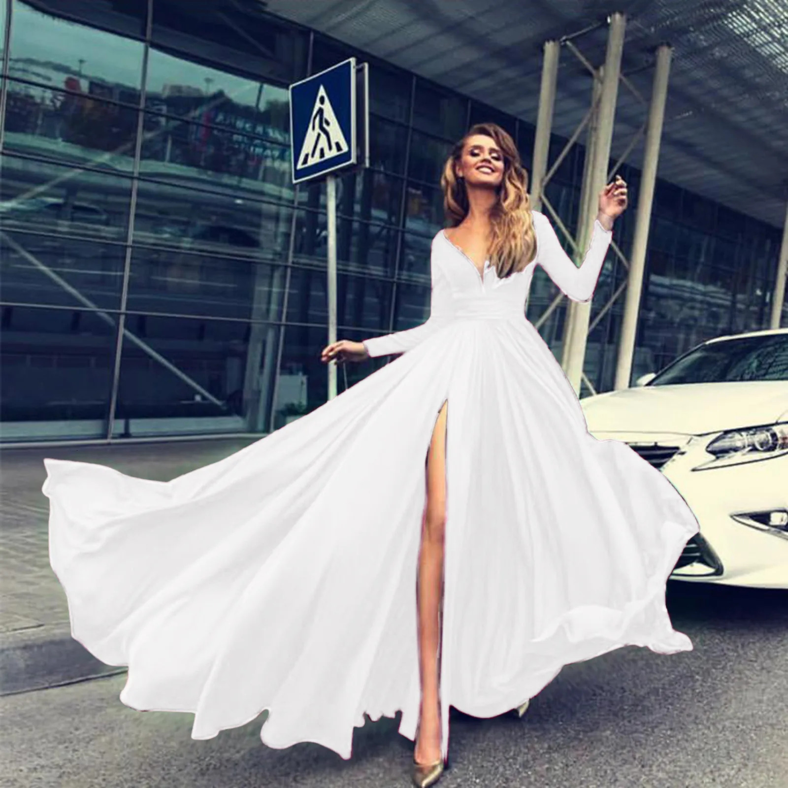 Cocktail Dresses For Women Elegant Classy Solid Color Long Sleeve V Neck Maxi Red Dress Vintage Formal ALine Prom 240416