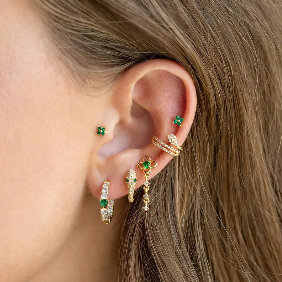 2000s Aesthetic Y2k Green Snake Piercing Kit for Teen Girls Earrings 6pcs Zircon Clover Ear Daith Tragus Cartilage Accessories 241116