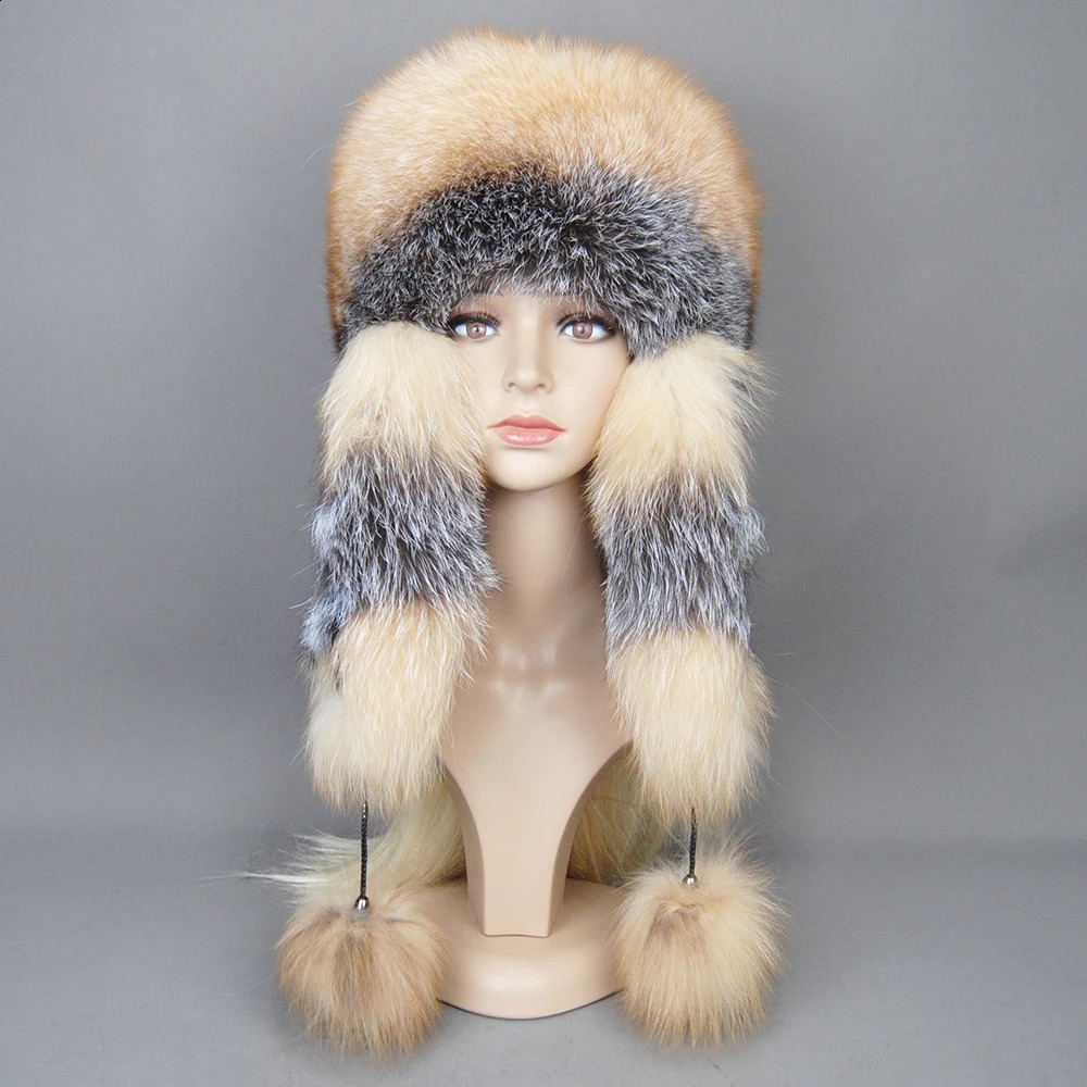 Lady Winter Warm 100 Natural Fur Hat Fashion Fluffy Rex Rabbit Cap Real Bomber Hats 241116