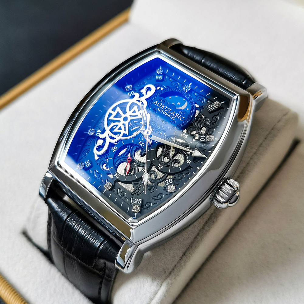 Automatic mechanical watch skeleton through the bottom watch men's waterproof luminous leather butterfly buckle dial diameter 46mm thickness 12mm