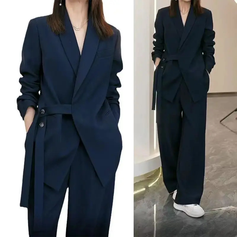 Womens plus size retro casual short lace suit jacket wide leg pants commuting solid color loose twopiece set 241115