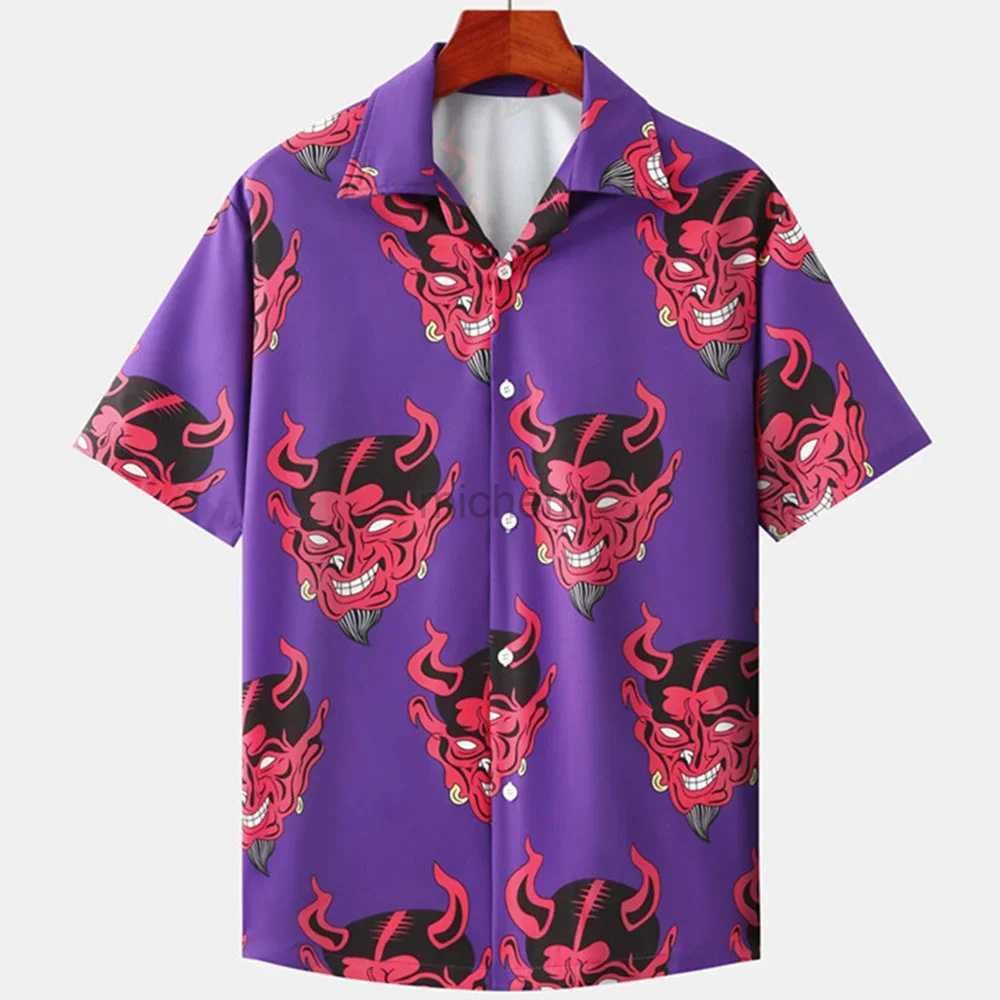 YEE9 Men's Casual Shirts Hawaiian Shirt for Men Cuban Collar Devil Print Mens Fashion Streetwear Summer Short Sleeve Top Trendy New Clothing 2404