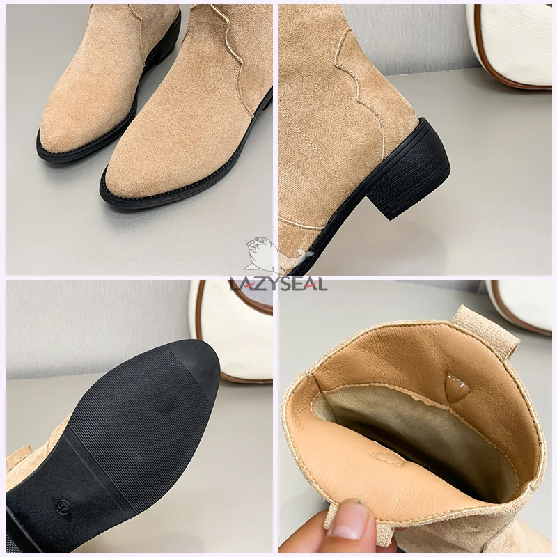 LazySeal 4.5cm High Heels Soft Suede Solid Color Womens Autumn Shoes Mid calf Breathable Motorcycle Boots Plus Size 43 241115
