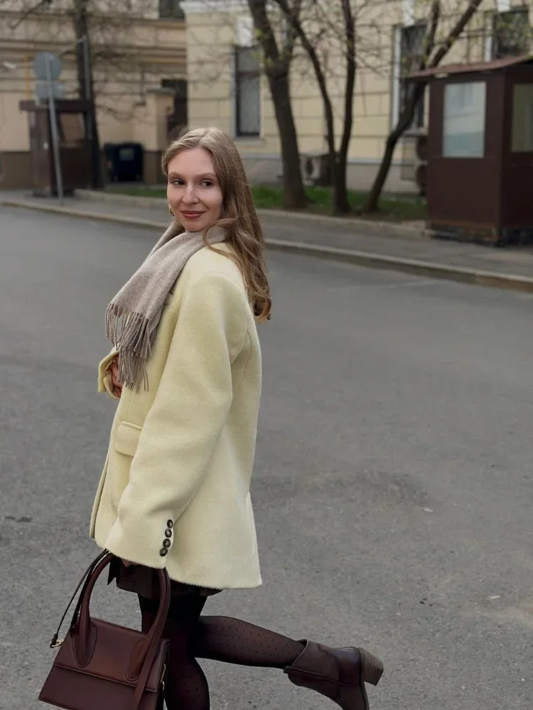 Yellow Elegant Collar Wool Blended Jacket Womens Unique Single Chest Long Sleeve Pocket Jacket Womens Office Street Jacket 241115
