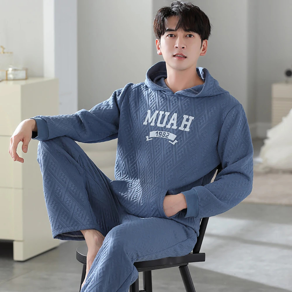 Mens Winter Thick 100% Cotton Filled Hoodie Sleepwear for Sleep Romantic Knitted Letter Sleepwear Soft and Comfortable Sleepwear Set 241112