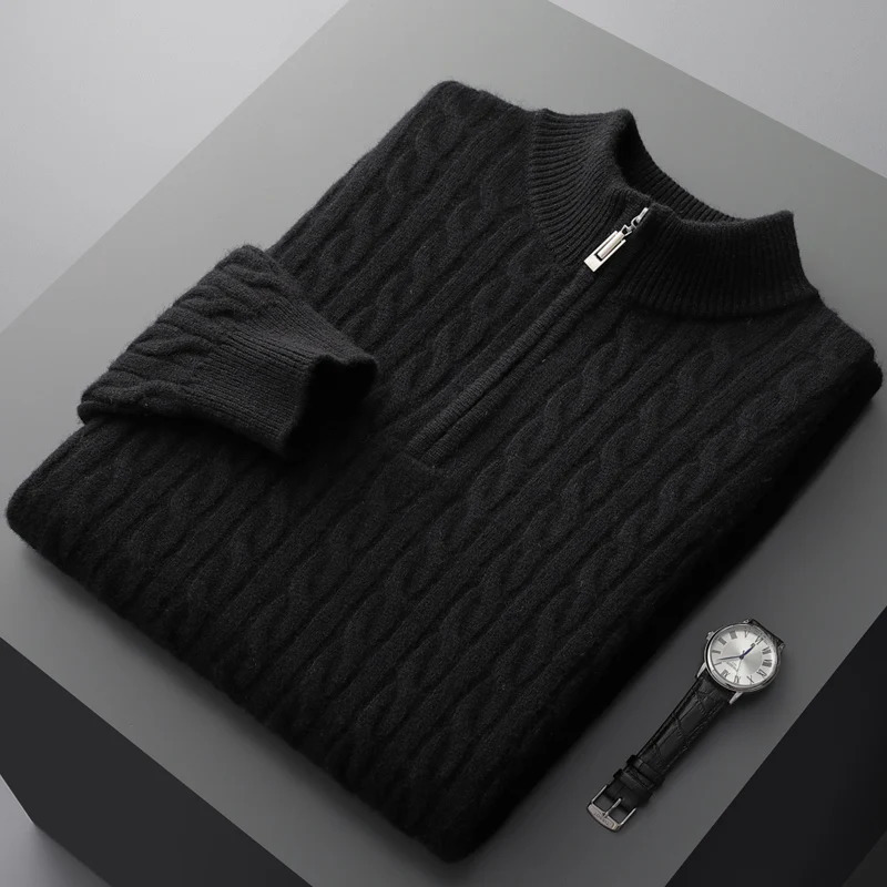 Autumn and winter 100% Merino cashmere sweater mens padded twist top zipper collar bottom plus size knitted 241115