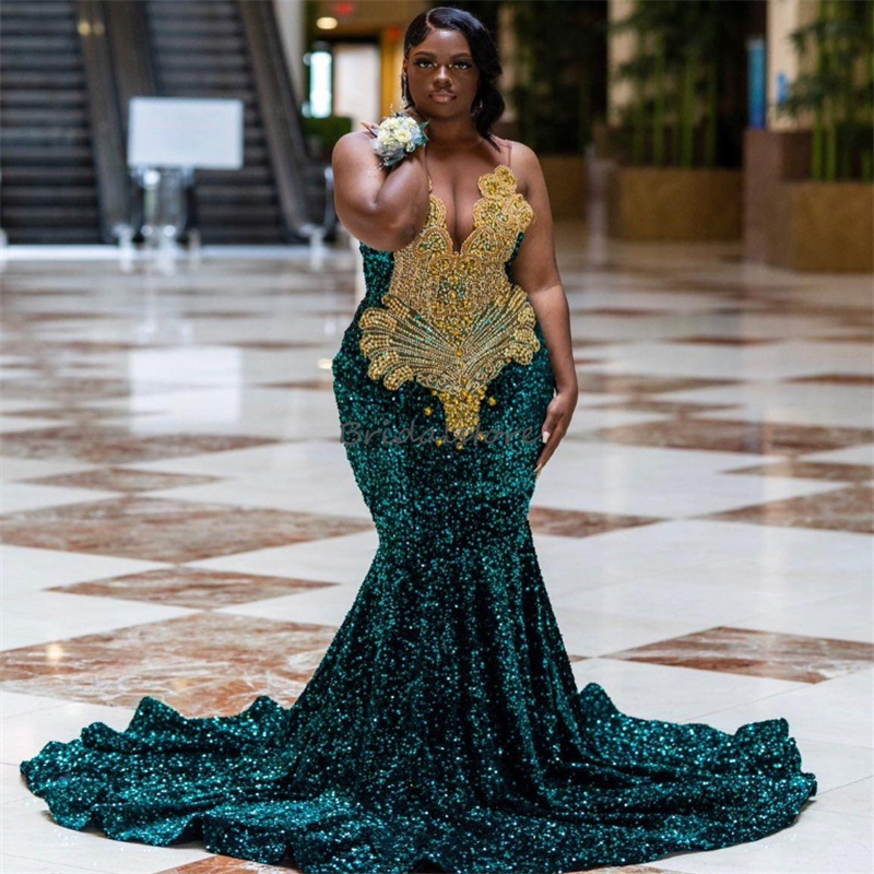 Emerald Green Prom Dresses With Golden Beaded Luxury Mermaid Full Sequin Evening Dress Sparkly Ceremony Formal Birthday Party Gowns 2024 Plus Size Rob