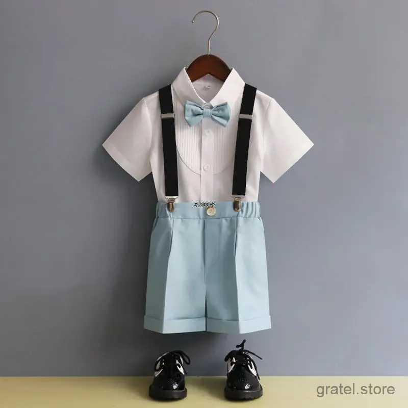 Suits Children Formal Strap Shirt Short Bowtie Clothing Set Kids Summer Photograph Birthday Dress Boys Piano Performance Dance Costume