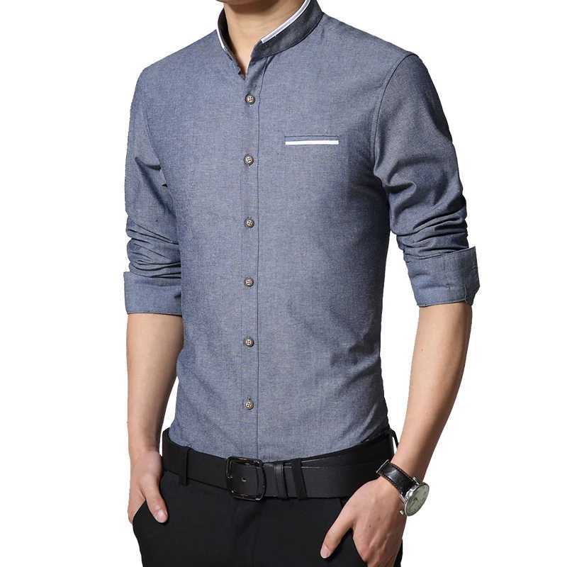 Men's Casual Shirts 2023 New Brand Mens Shirt Long Sleeve Banded Collar Easy Care Collarless Slim Fit Dress For Men Business 240416