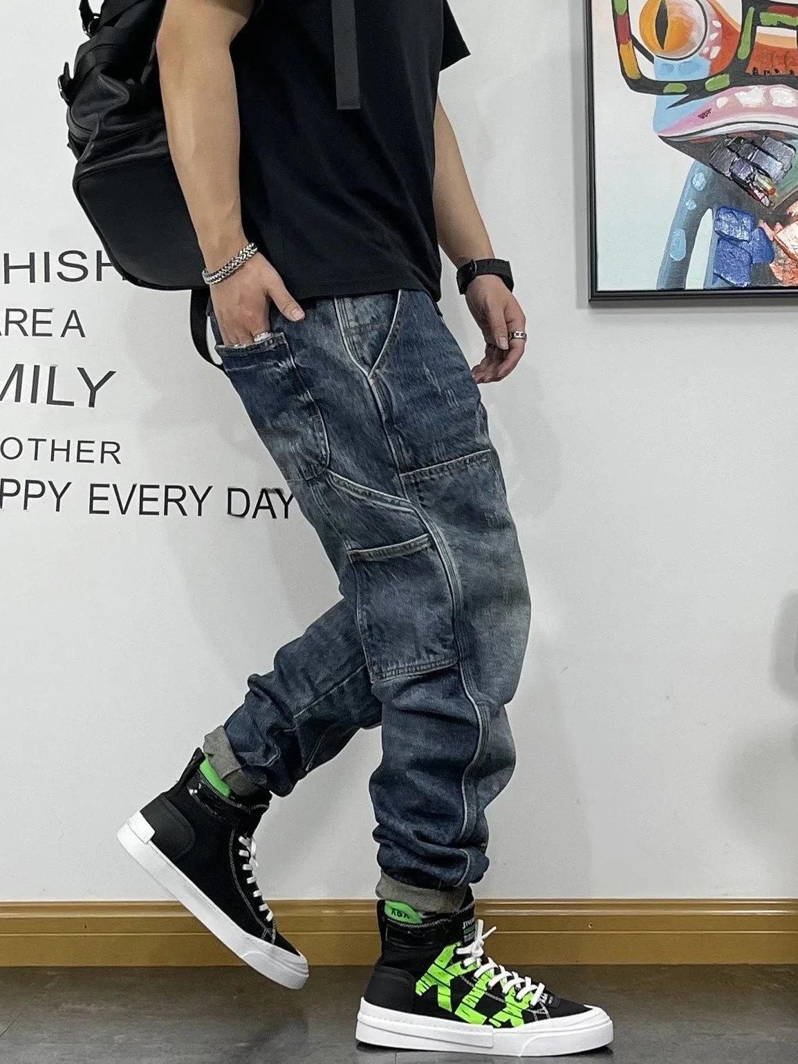 Streetwear Mens Harajuku Hip Hop Retro Bag Jeans Solid Color Loose Wide Leg Straight Denim Trouser Q0 4 241112