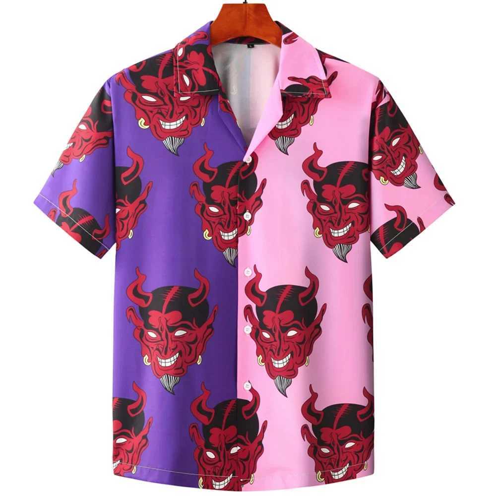 YEE9 Men's Casual Shirts Hawaiian Shirt for Men Cuban Collar Devil Print Mens Fashion Streetwear Summer Short Sleeve Top Trendy New Clothing 2404