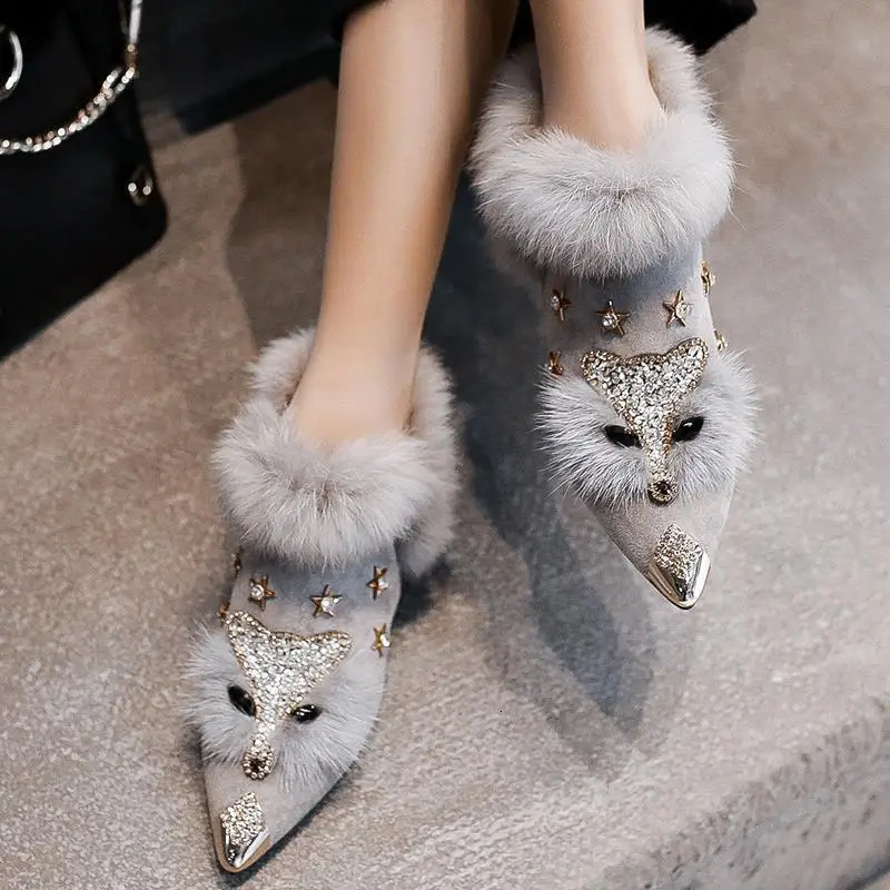 Womens ankle boots crystal womens boots winter fashion metal corner toes fluffy plush high heels womens wedding party shoes 241115