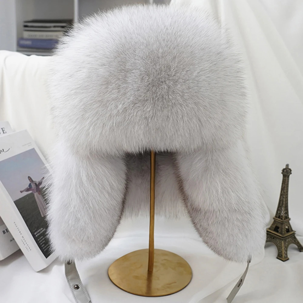 Winter Mens 100% Real Silver Fox Fur Bomber Hat Raccoon Fur Ushanka Cap Trapper Russian Man Ski Hats Caps Real Leather 241116