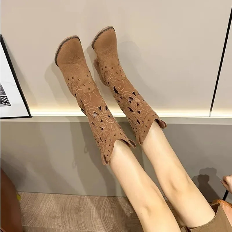 Embroidered Suede Chunky Heel Western Boots for Women Fashion Soft Bottom Casual Spring and Autumn Hollow Knight Boots Womens Shoes 241115