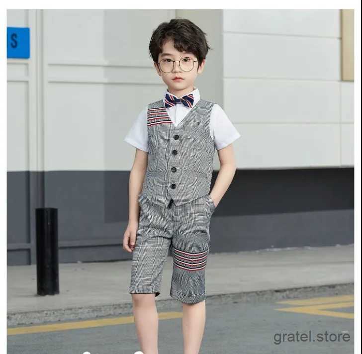 Suits Gentleman Kids School Performance Dress Children Graduation Clothing Set Boys Summer Vest+Short+Bowtie 3Pcs Formal Wedding Suit