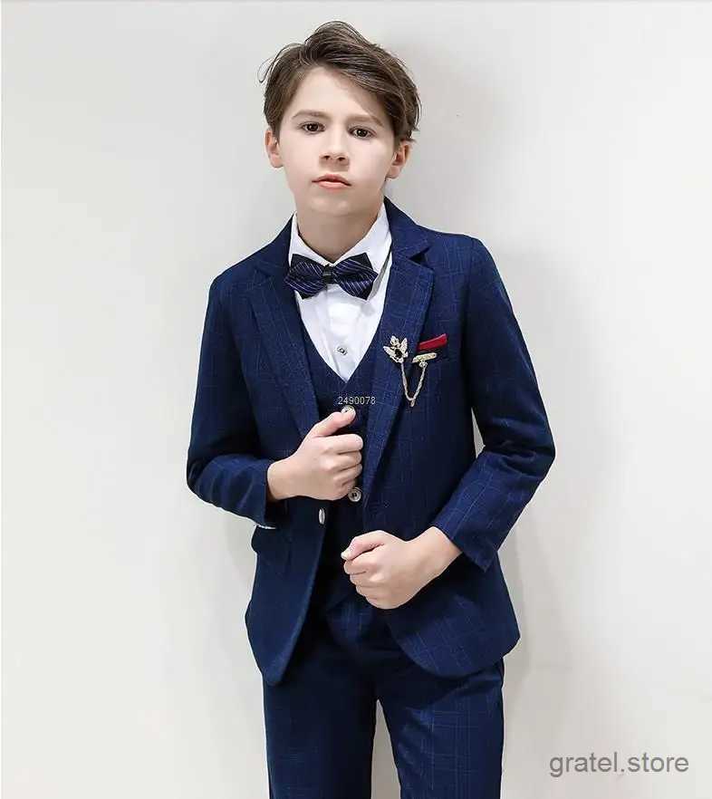 Suits Big Teenager Tuxedo Dress Children Dance Costume Flower Boy Wedding Suit Kids Formal Jacket Vest Pants 3PCS Party Photograph Set