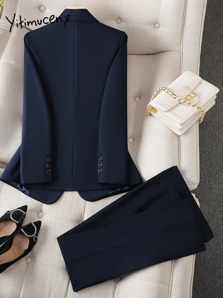 Yitimuceng Black Office Womens Pants Set Autumn Winter Casual Jacket 2piece 241115