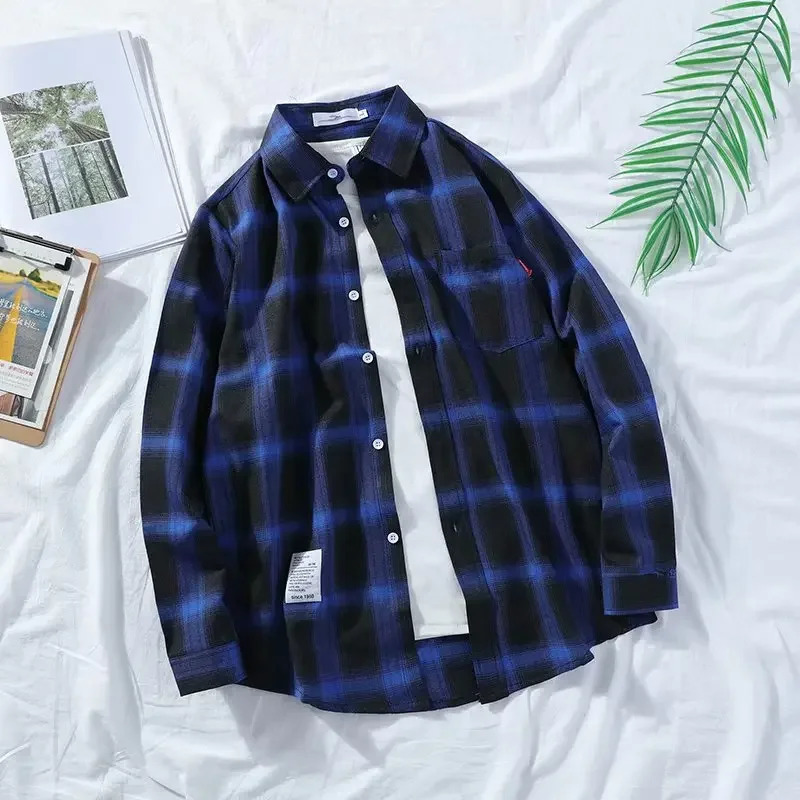 Fashionable Harajuku plaid mens shirt for spring autumn and winter high-quality casual flannel mens retro long sleeved shirt 241112