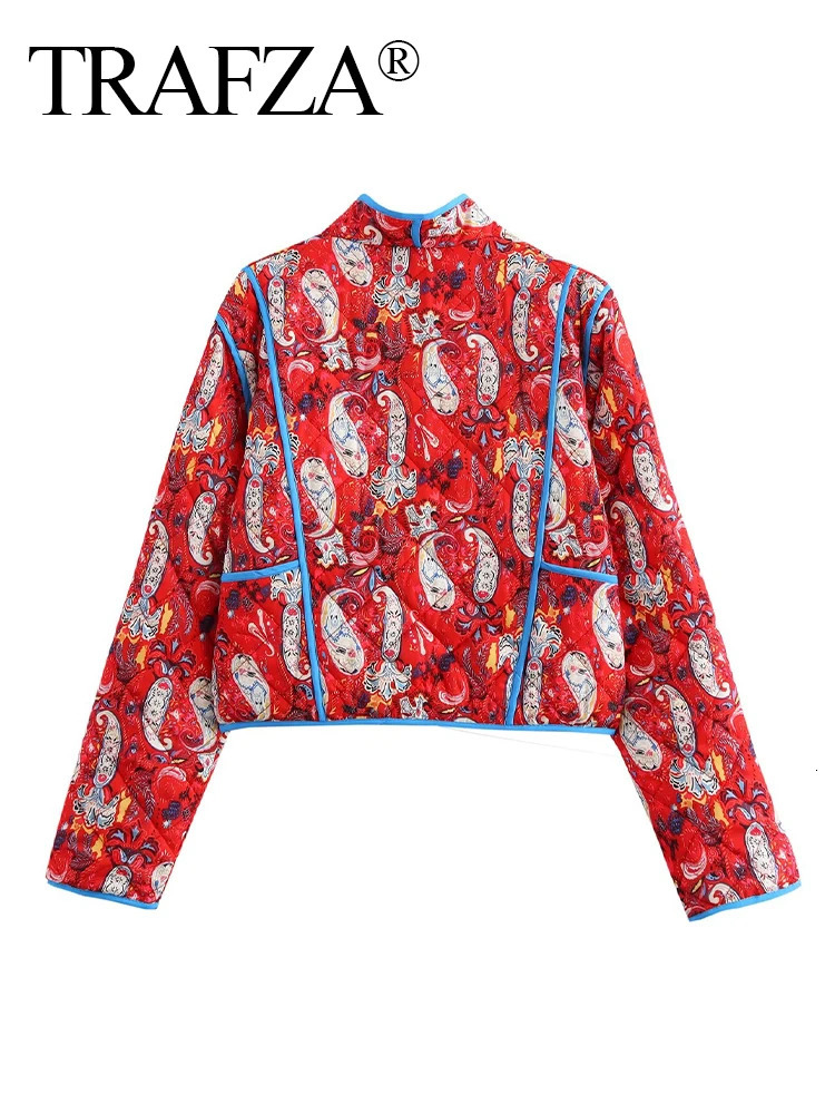 TRAFZA Women Winter Fashion Retro VNeck Red Printed Long Sleeve Cotton Jacket Female Elegant High Street Warm Short 241115