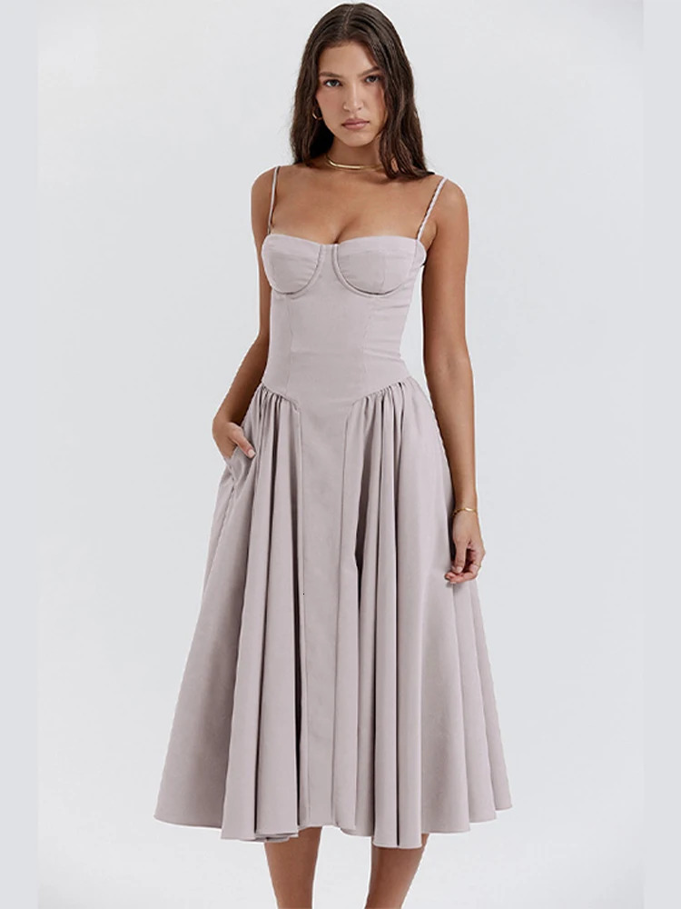 Sexy Solid Pleated Hem Sling Dress Women Fashion Midi Sleeveless Backless Dresses Female 2024 Summer Party Evening A-line Robes 241116