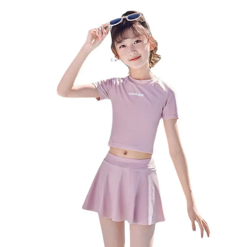 Two Pieces Girls Swimsuit Summer Beach Swimwear Skirt With Underwear Short Sleeve Kids Vacation Clothes For Girl Pink Black 240412