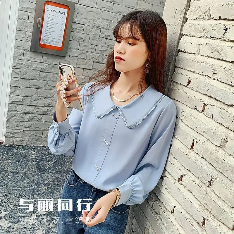 Spring and summer fashionable doll collar long sleeved shirt for womens street casual button down flower retro elegant full matching top 241115