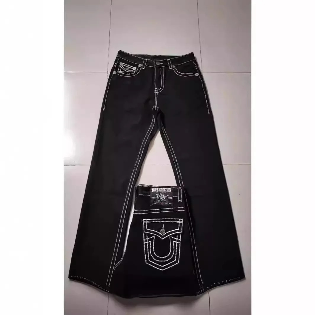 Y2K American high street fashion Buddha religious jeans black and white thick line mens straight leg casual pants 241115