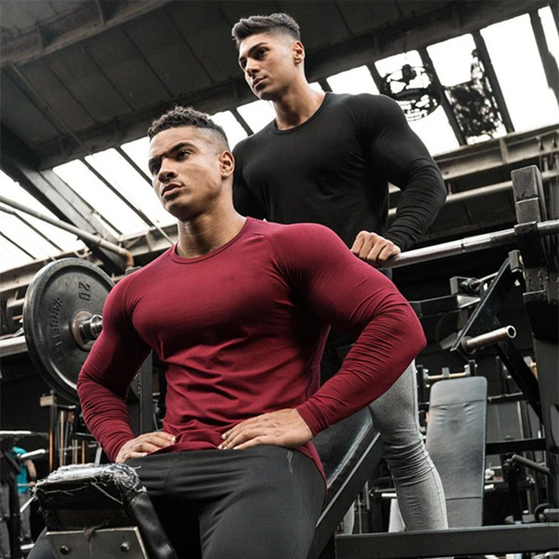 Spring Autumn Slim Fit Cotton Fitness Long Sleeve T Shirt Men Sports TShirt Oneck Running Tee Gym Bodybuilding Tshirt 241115
