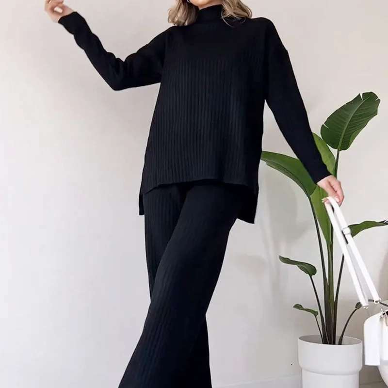 Women Knitted Twopiece Set Casual Loose Womens Home Suit With High Collar Top Wide Leg Trousers Knitting 2 Piece Outfit Winter 241115