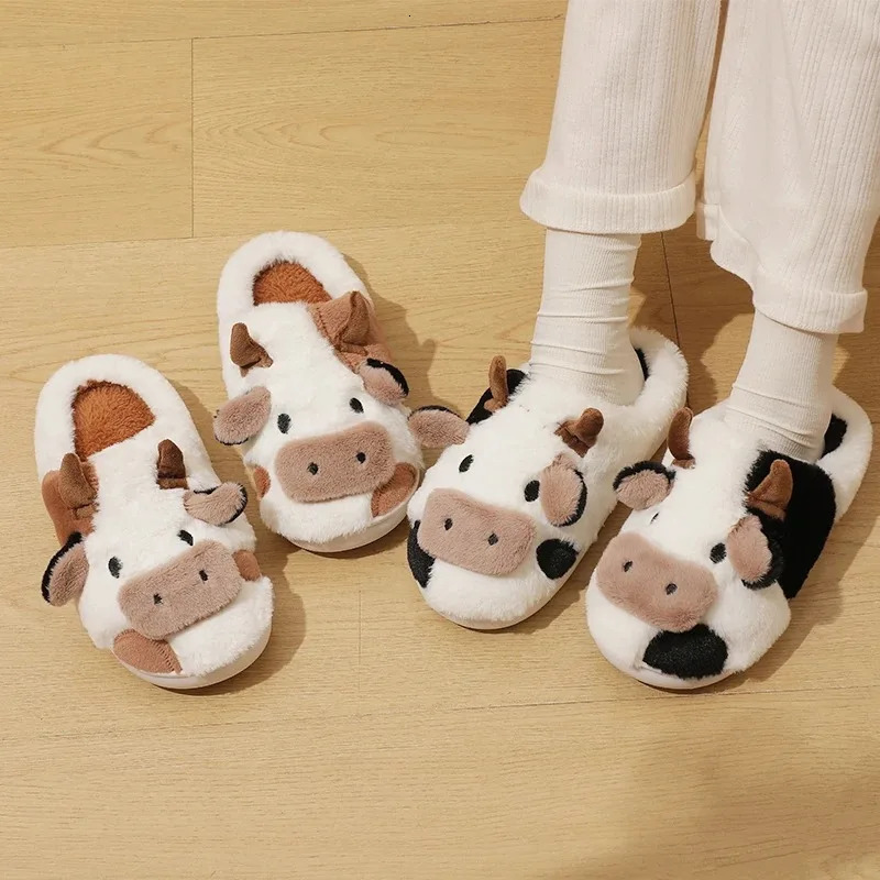Winter Unisex Cartoon Cow Warm Plush Slippers Couples Indoor Nonslip House Slides Men And Women Toe Wrap Home Cotton Shoes 241115