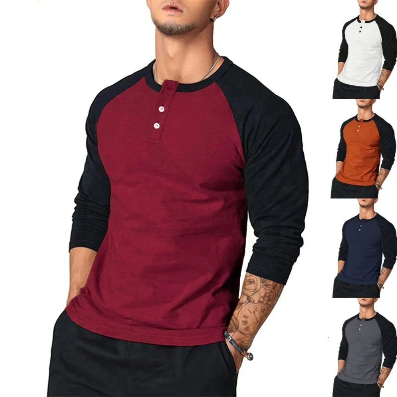 Mens Casual Tshirt Round Neck Slim Arm Colorblocked Long Sleeve European and American Base Shirt 241115