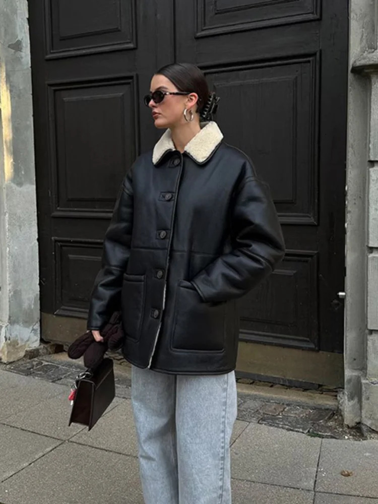 Classic Black Lapel Collar Woolen Warm Leather Jacket Fashion Single Breasted With Pocket Coat 2024 Winter Woman Wear 241115