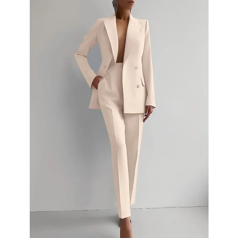Women 2pcs Clothes Set Solid Color Long Sleeve Blazer Jacket High Waist Pants Clothing Suit Summer Fashion Office 241115