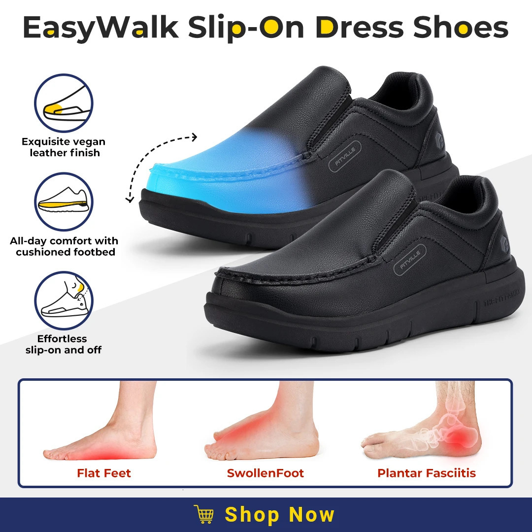 Fitville mens wide leather sliding casual shoes lightweight suitable for Swollen feet with arch support for pain relief 241115