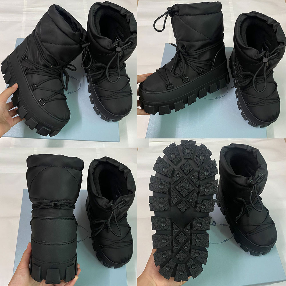 Nylon gabardine apres ski boots Black 1U007N Winter Snow Boots Upper with drawstring Removable padded pile lining booties rubber sole warm designer ski boots 42 35