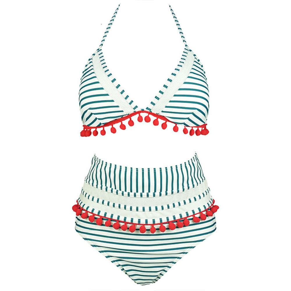 2024 High Waist Bikini Striped Plush Ball Swimsuit Split Two Piece Set F41650