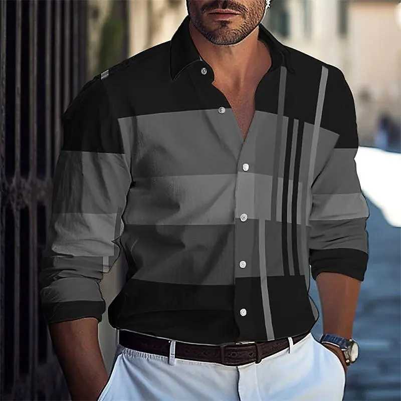 Men's Casual Shirts Mens shirt buttoned casual summer beach long sleeve plaid color block lapel Hawaiian vacation fashion 240416