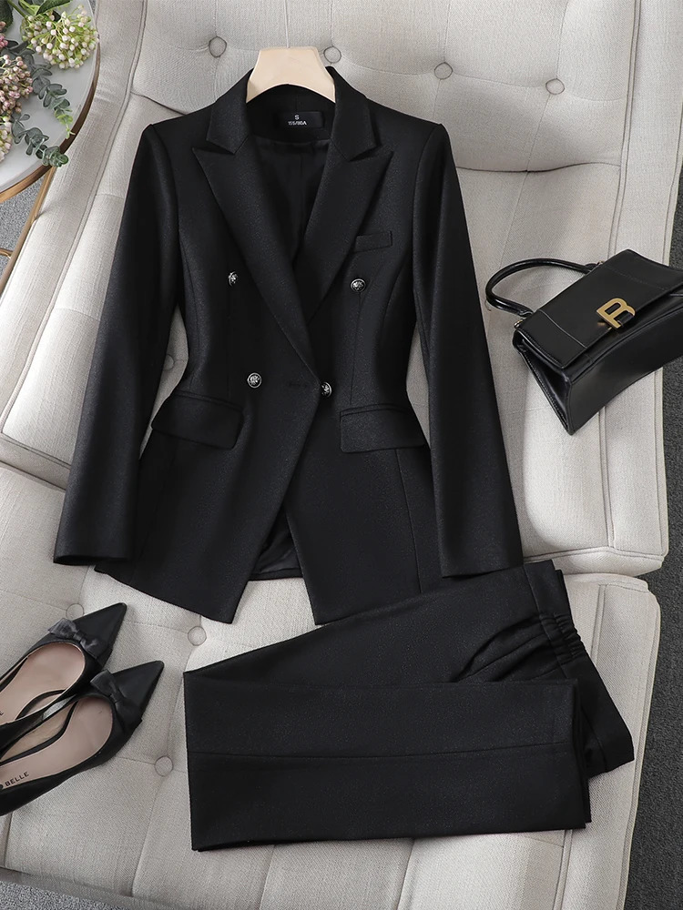 Grey black blue white womens long sleeved solid jacket and Trouser formal 2piece set suitable for autumn winter 241115