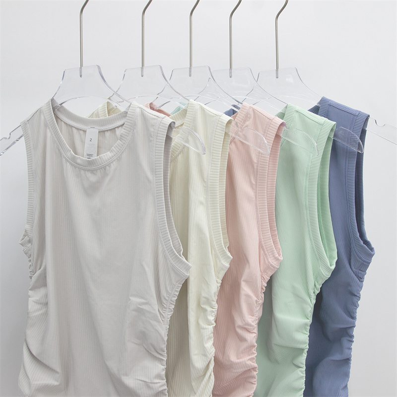 Womens Yoga T-shirt Summer Top Womens Ribbed Round CollarSleeveless Elastic Drawstring Sports Fitness Solid Color