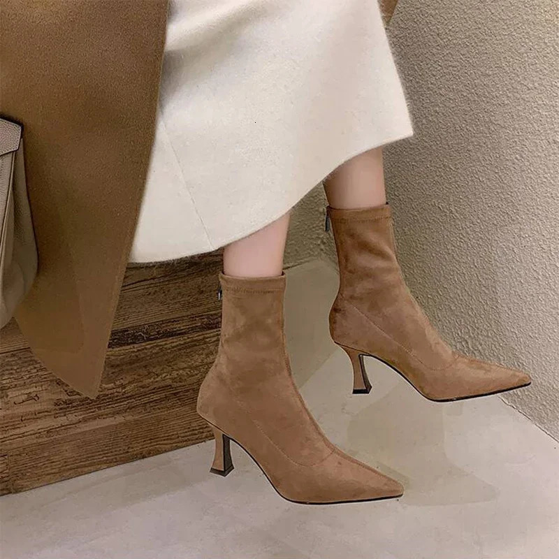 Vintage Women Ankle Boots Fashion Pointed Toe Shoes Autumn Winter High Heel Ladies Elegant Stretch Slim Short Booties 241115