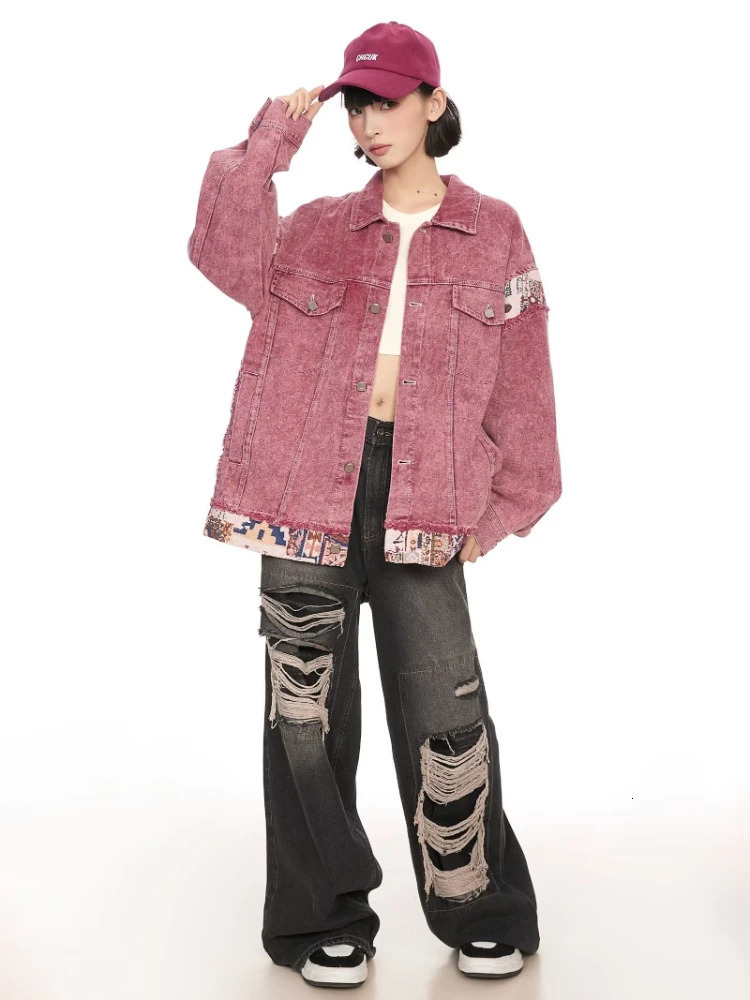 Pink denim jacket mens patchwork embroidered loose Harajuku couple jacket autumn Y2k street hip-hop denim jacket spring 241115