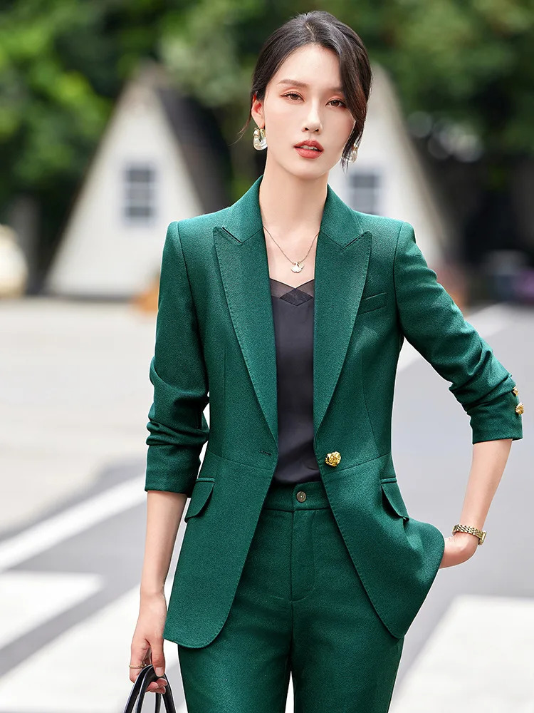 Office womens formal pants set 2piece green coffee long sleeved business workwear jacket and Trouser 241115